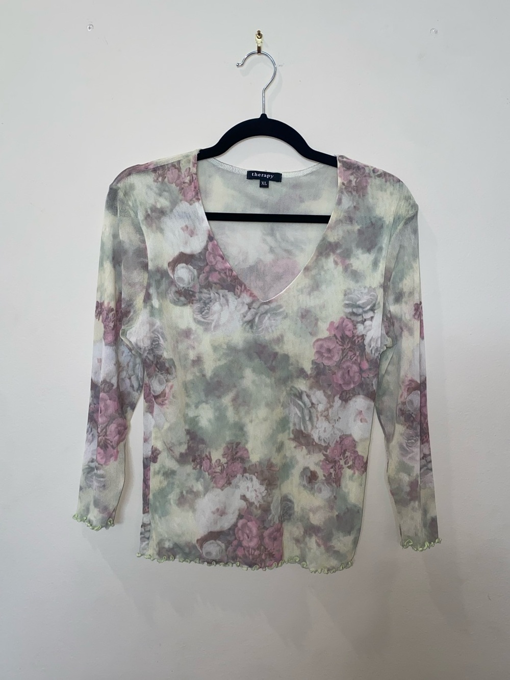 90s Coquette Therapy Pale Pink & Green Floral Mesh V-Neck 3/4-Sleeve Top